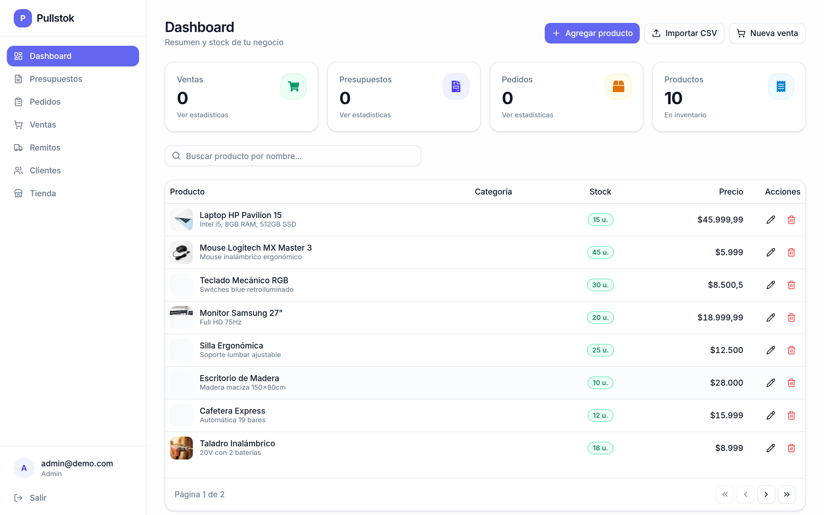 Dashboard del ERP de Pullstok mostrando ventas, stock y listado de productos