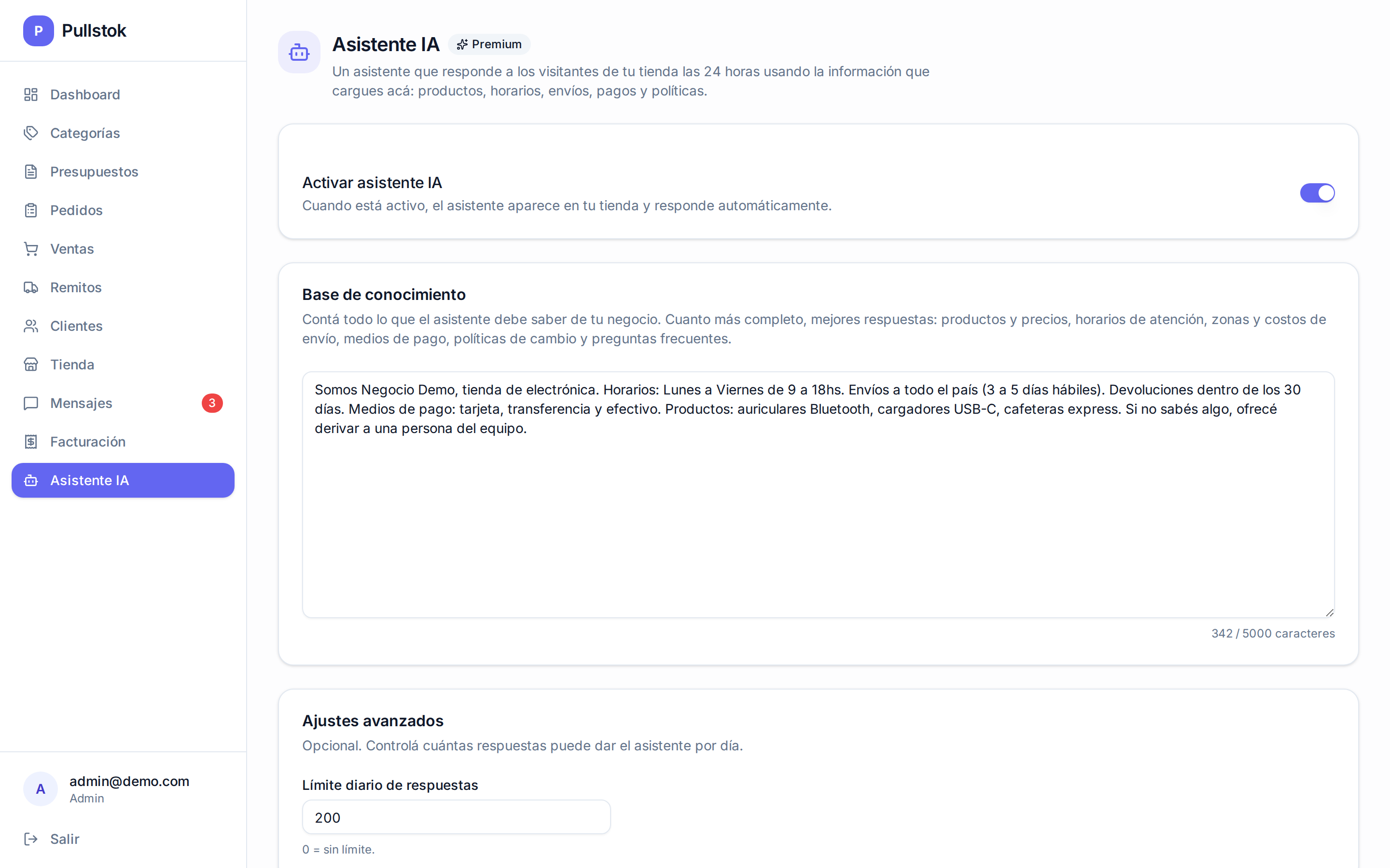 Pantalla de configuración del Asistente IA en Pullstok con su base de conocimiento