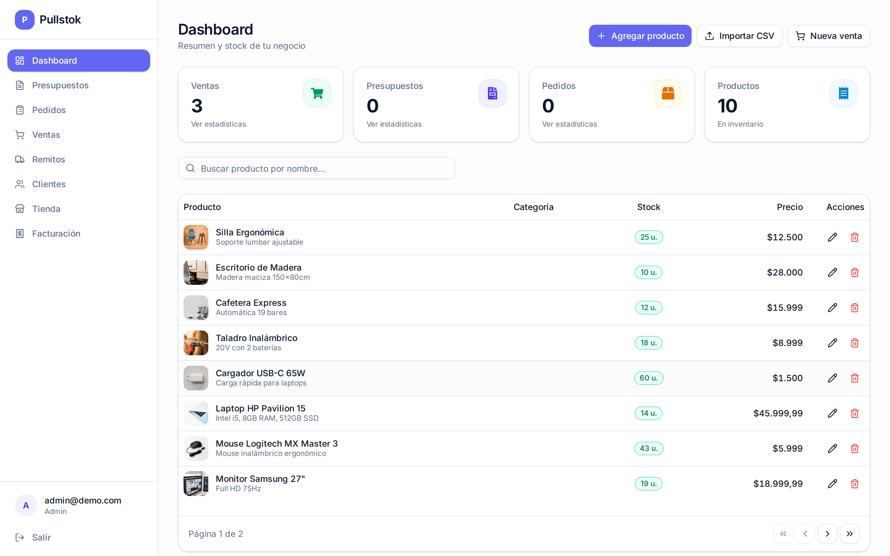 Dashboard de Pullstok con la tabla de productos, stock y precios en tiempo real