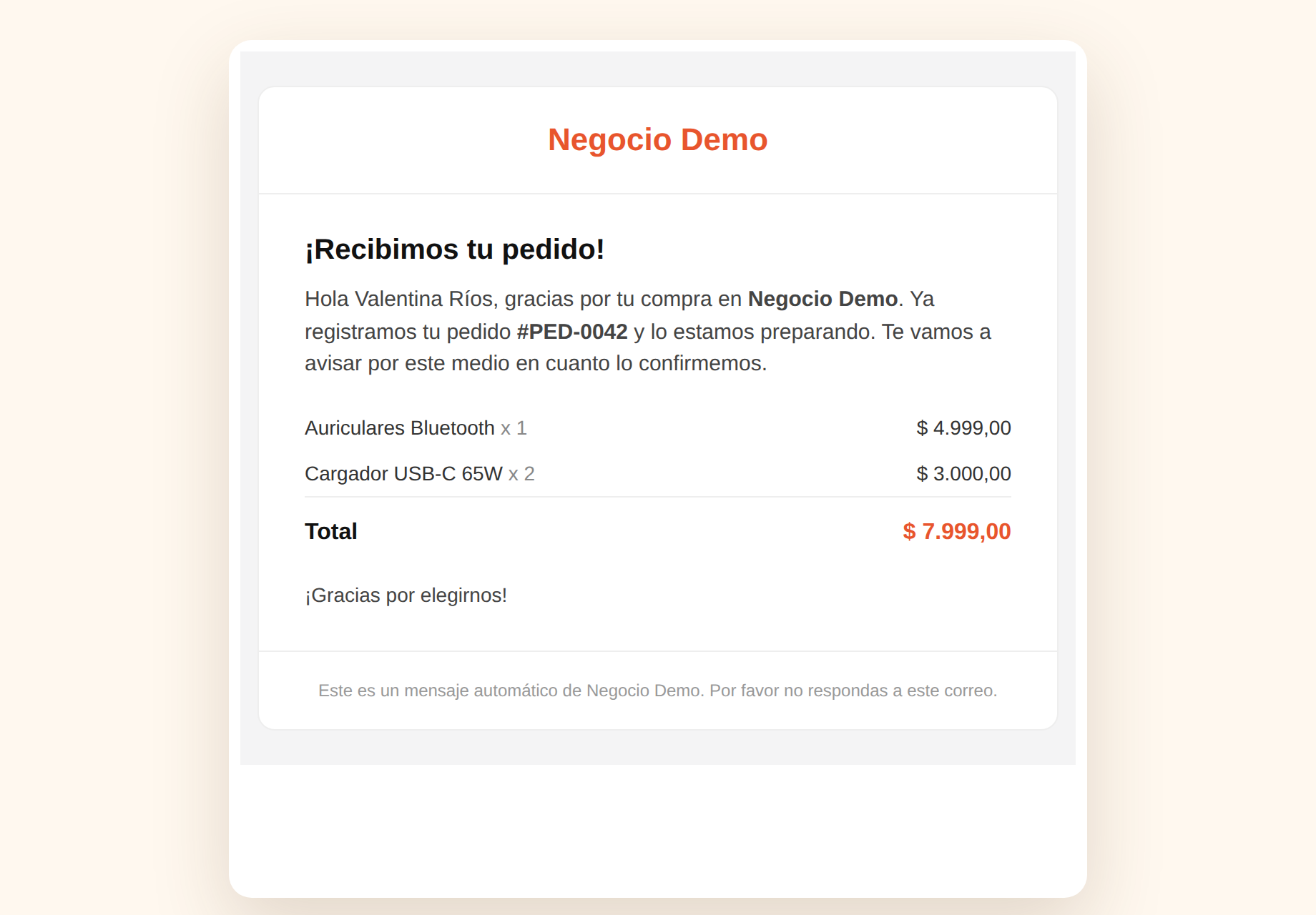 Mail transaccional de Pullstok avisando que se recibió el pedido del cliente